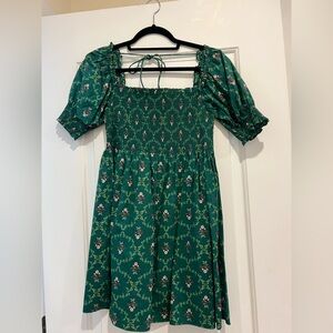 Hill House Green Smocked Puff Sleeve Mini Dress